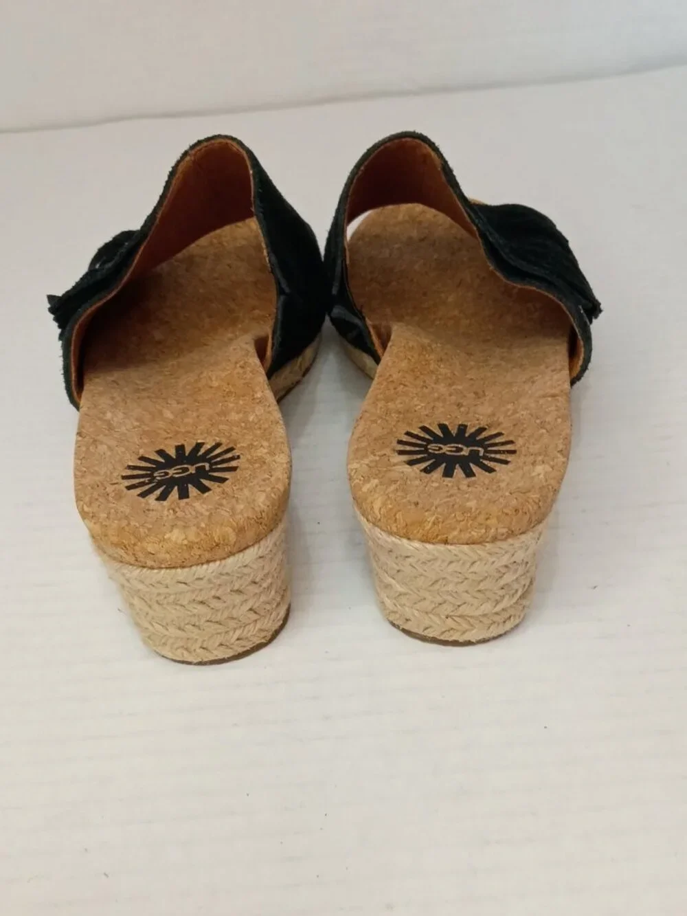 UGG Danes Black Suede Fringe Espadrille Wedge Slides Women’s Size 7